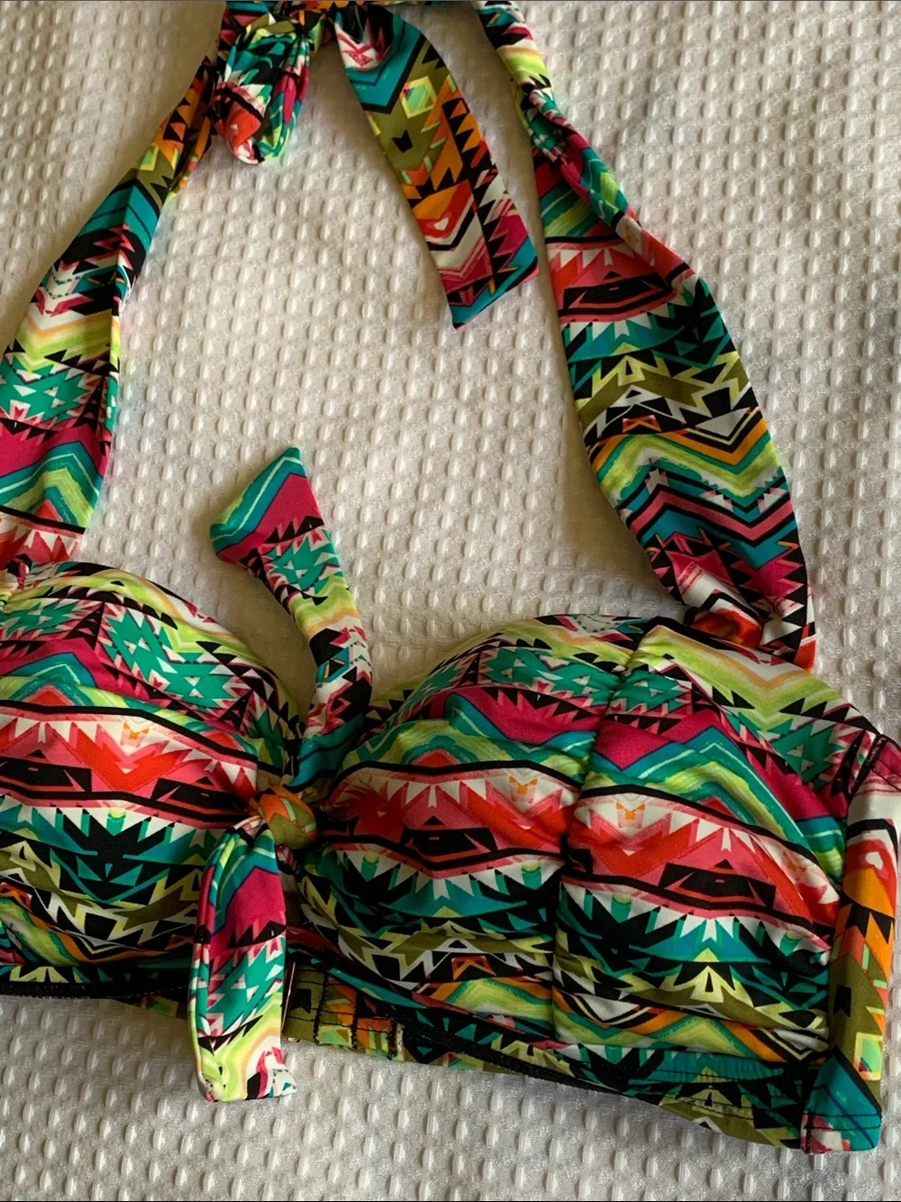 Janzteen Tulum Vibrant Aztec Multicolored Tie Front Halter Bikini Top size 8